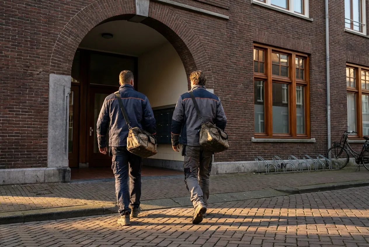 Twee vakmensen van BEHR op weg naar een klus in een appartementengebouw